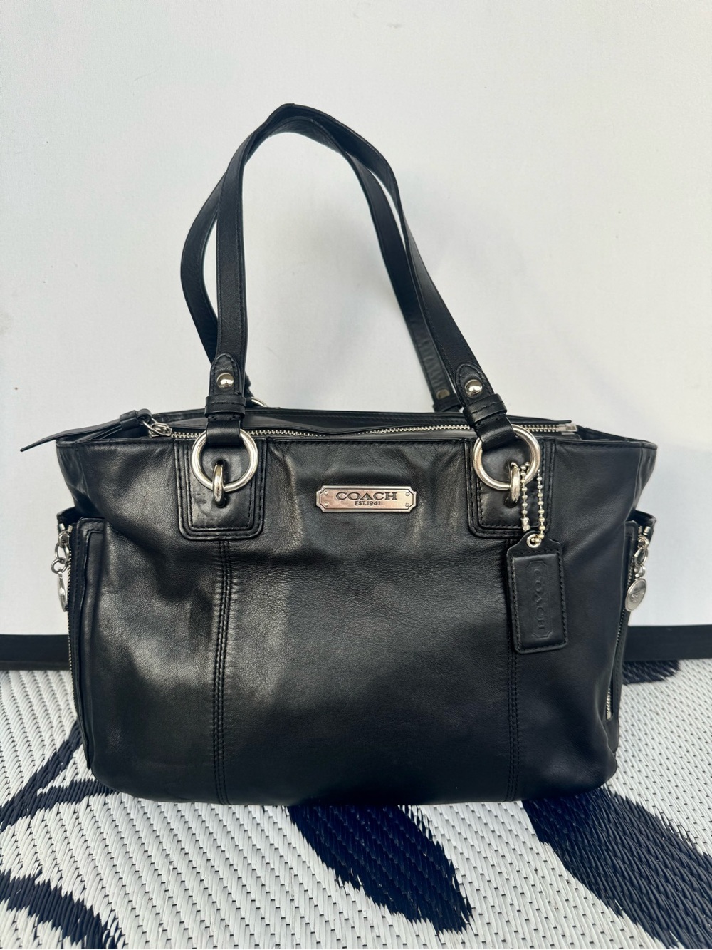 Coach Black Leather Tote Bag with Silver Toned Hardware